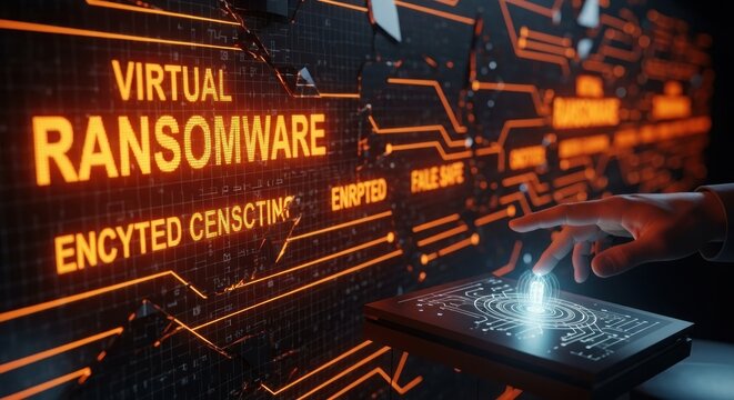 Virtual Ransomware Attack with Encrypted Data on a Digital Interface, Featuring a Hand Interacting with a Glowing Shield for Cybersecurity