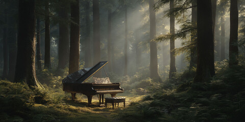 A Beautiful Grand Piano Resting Peacefully in a Lush Green Woodland Setting / A Vibrant Celebration Bringing Together Music Lovers Everywhere