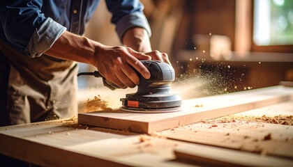 A skilled carpenter uses an electric sander to smooth a wooden surface, creating a cloud of sawdust that flies across the workshop. This image captures the essence of ha,close up of a man cutting wood
