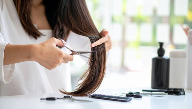 A woman cuts the ends of her hair with scissors at home or in a salon, demonstrating the concept of hair care, beauty, and style. This image is suitable for content about healthy h,woman in the mirror