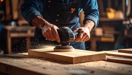 A woodworker or craftsman sands a wooden surface with an orbital sander. Sawdust flies through the air, indicating an active and detailed work process.,close up of a man playing chess