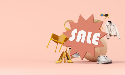 A creative sale promotion image with a SALE badge in the foreground and lifestyle products like chairs, headphones, high heels, jackets, and sneakers floating on a soft pink background. 3d render