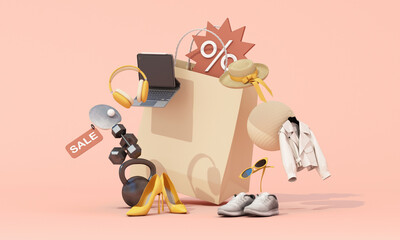 A stylish shopping concept with various items such as headphones, a laptop, high heels, sports gear, and fashion accessories emerging from a large paper bag, symbolizing modern sale event. 3d render