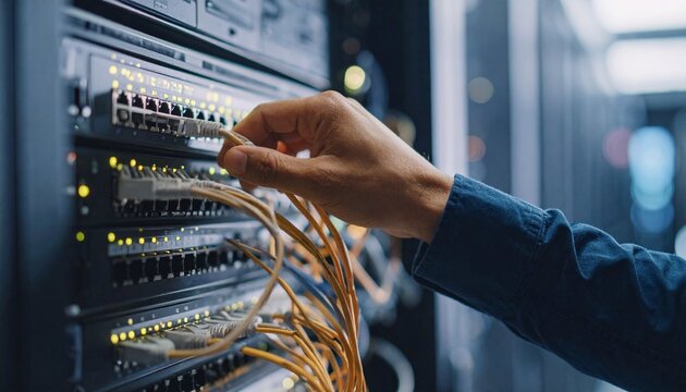 A technician's hands connecting network cables to a server or switch in a data center or server room. Showing network infrastructure, connectivity, and IT system mai,network cables connected to switch