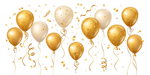 Collection of golden and white balloons with confetti and streamers isolated on a transparent background