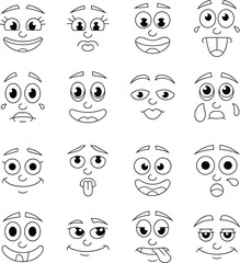 Funny cartoon faces, expressive emoticon set, black and white doodle style, emotion icons, vector illustration, hand drawn character expressions