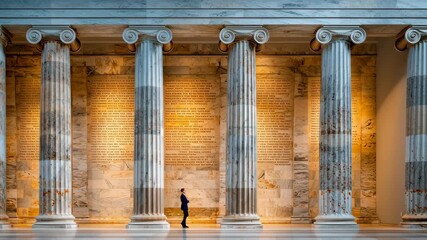Ancient marble columns stand tall supreme court architecture with warm light casting majestic glow appeal inscriptions - Powered by Adobe
