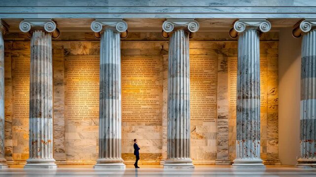 Ancient marble columns stand tall supreme court architecture with warm light casting majestic glow appeal inscriptions