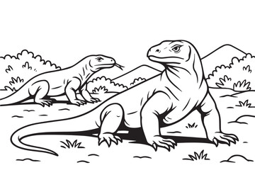 Vector illustration of two Komodo dragons in nature, drawn in black and white with bold black outlines emphasizing their form and wild surroundings.

