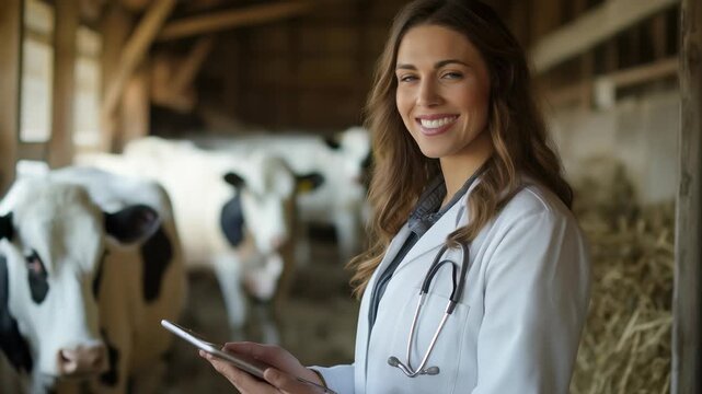 Happy veterinarian stands smiling in a barn with cows in the background, while using a tablet to manage farm tasks, ensuring animal wellness with her dedication.