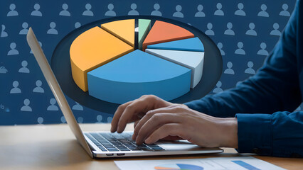 Analyst reviewing financial data on laptop with pie chart visualization