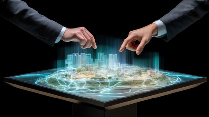Smart city business sustainable concept with hands interacting with futuristic digital hologram of urban development on table