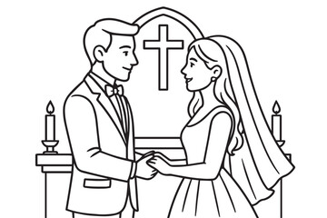 Vector illustration of a bride and groom standing before a church altar, designed in black and white with bold black outlines for elegant contrast.

