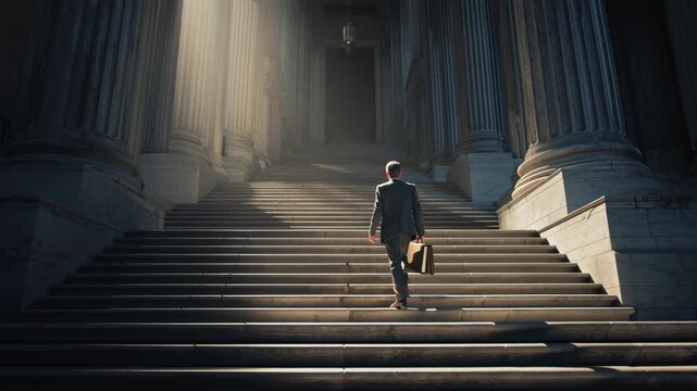 Man walking up grand stone stairs of supreme court building with briefcase in hand for appeal case under soft light in suit
