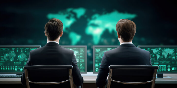 Two business professionals working on smart city technology with sustainable data analysis in modern office environment