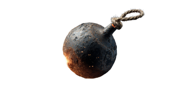 Black Bomb sparkles, realistic bomb with burning fuse. emitting sparks, ready for explode. Isolated weapon with a lit wick creating a sense of imminent explosion