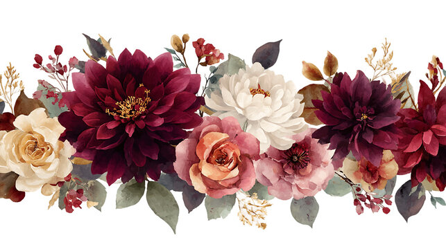 Watercolor floral arrangement with burgundy, blush pink, and cream flowers.  Perfect for wedding invitations or other designs, PNG
