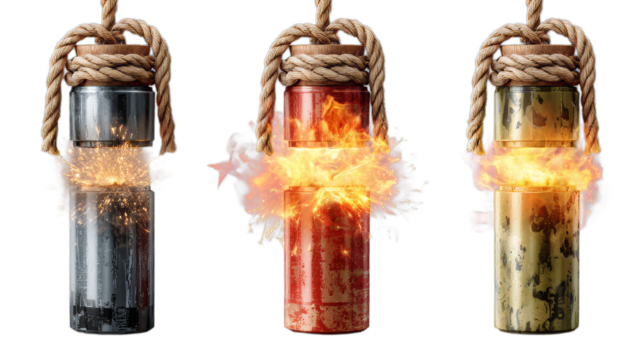 Bomb or dynamite fuses, burning wicks with fire and sparks isolated on transparent background. Vector realistic set of 3d rope detonators for explosive, tnt and fireworks