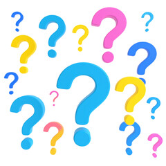 Colorful question marks scatter against black, representing curiosity and uncertainty