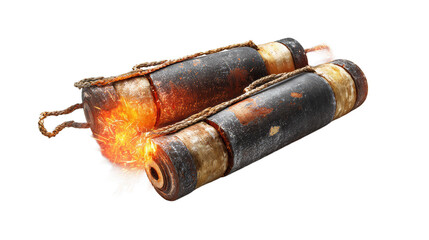 Bomb or dynamite fuses, burning wicks with fire and sparks isolated on white background