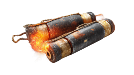 Bomb or dynamite fuses, burning wicks with fire and sparks isolated on white background