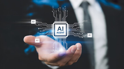 Businessman presenting AI Agent concept with futuristic circuit board design