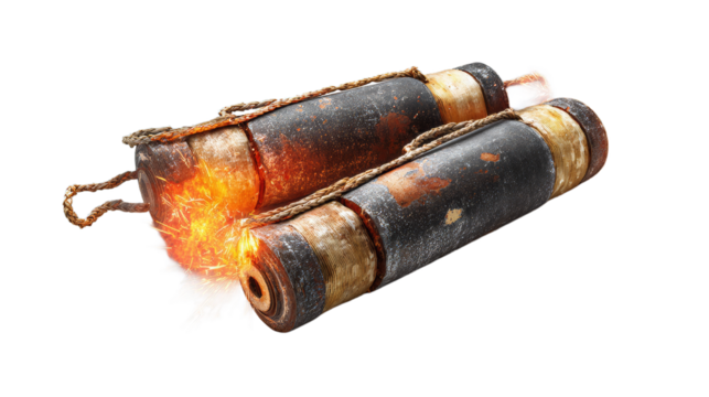 Bomb or dynamite fuses, burning wicks with fire and sparks isolated on white background
