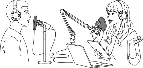 Podcast recording studio with man and woman podcasting concept