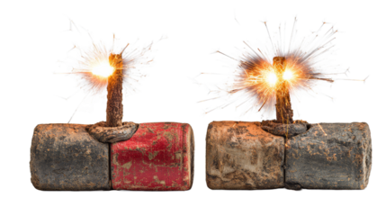 Bomb or dynamite fuses, burning wicks with fire and sparks isolated on white background