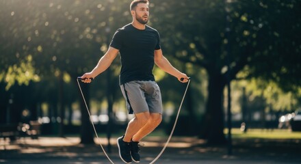 A man jumping rope in a park.