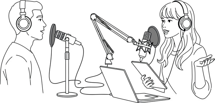 Podcast recording studio with man and woman podcasting concept