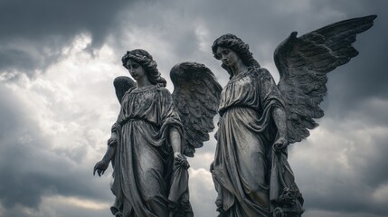 Fototapeta premium Serene Angels Under a Cloudy Sky: A Stunning Gravestone Sculpture
