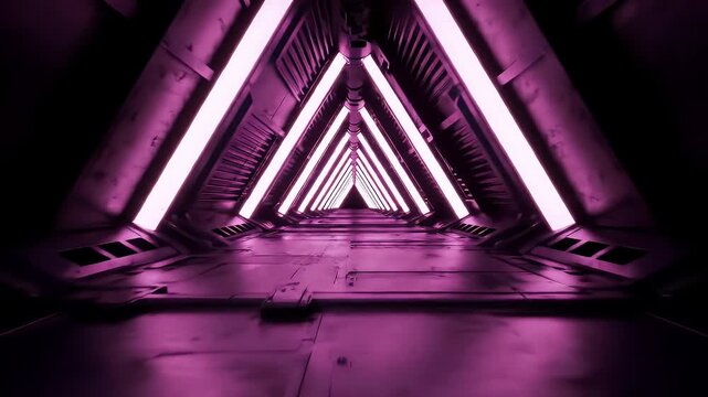 Symmetrical Violet Corridor Featuring Triangular Light Fixtures And Futuristic Geometric Architecture In Soft Glow