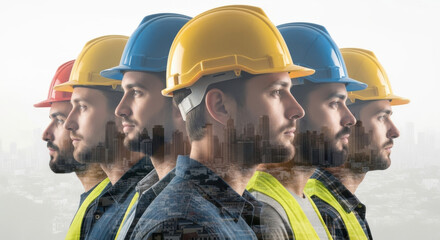 Obraz premium Diverse group of construction workers wearing hard hats and safety vests in a unified team formation