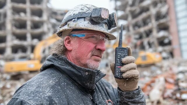 Demolition specialist communicates with team via radio device coordinating safe distances and timing for effective building implosion.