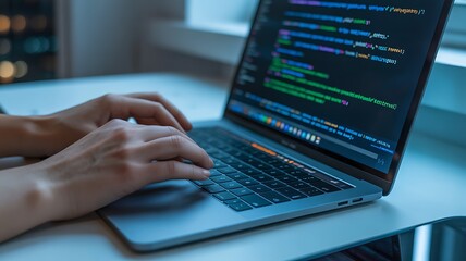 Close up of hands typing on a laptop keyboard displaying colorful lines of code in a dimly lit room