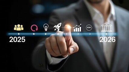 Businessman touching a digital timeline with icons representing business growth and future goals from 2025 to 2026