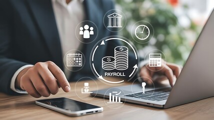 Businessman using laptop and smartphone with financial technology icons representing banking investment and digital economy growth