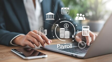 Business professional using laptop with digital payroll icons and financial technology illustrating online salary payment and accounting management