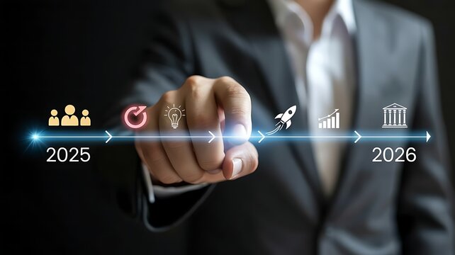Businessman pointing at a digital timeline showing business growth and future goals from 2025 to 2026 with icons