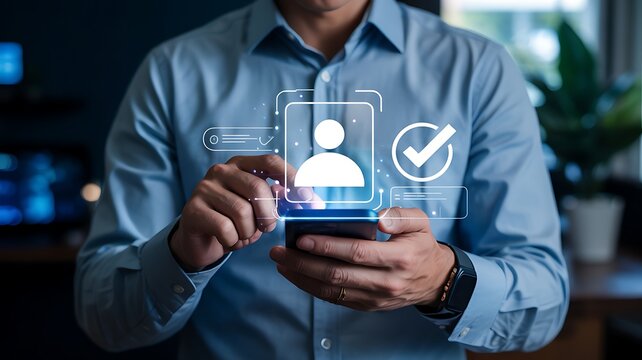 Man using smartphone with digital profile and verification checkmark representing online identity and secure authentication in modern technology