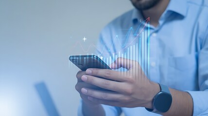 Close up of a man s hands holding a smartphone with a digital data stream overlay suggesting technology and connectivity