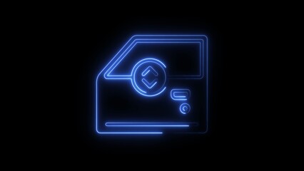 Blue neon car door with window control symbol illuminated on a black background image