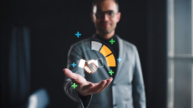 Businessman presenting a futuristic digital interface with a handshake icon and growth chart symbolizing partnership and success