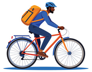Obraz premium An illustration of a man with a beard riding a bicycle and wearing a helmet and backpack.