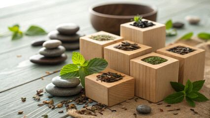 Spa stones and wooden containers with herbs and tea for wellness and relaxation zen like arrangement