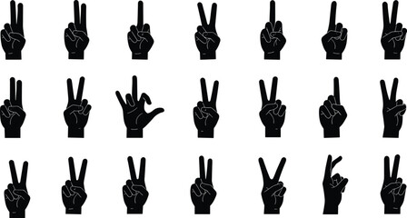 Multiple hand gesture silhouette vector illustration showing peace signs and finger symbols, black hand pose collection, isolated hand