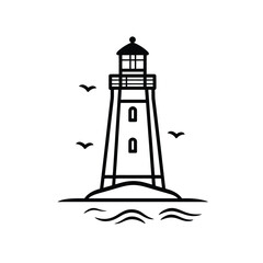Minimalist Lighthouse Icon with Birds Flying Over Ocean Waves in Black and White
