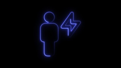 Blue neon silhouette of a person and lightning bolt on black background electric energy concept