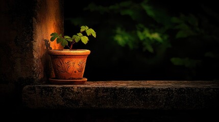 A terracotta pot with a young plant bathed in the warm glow of sunlight.